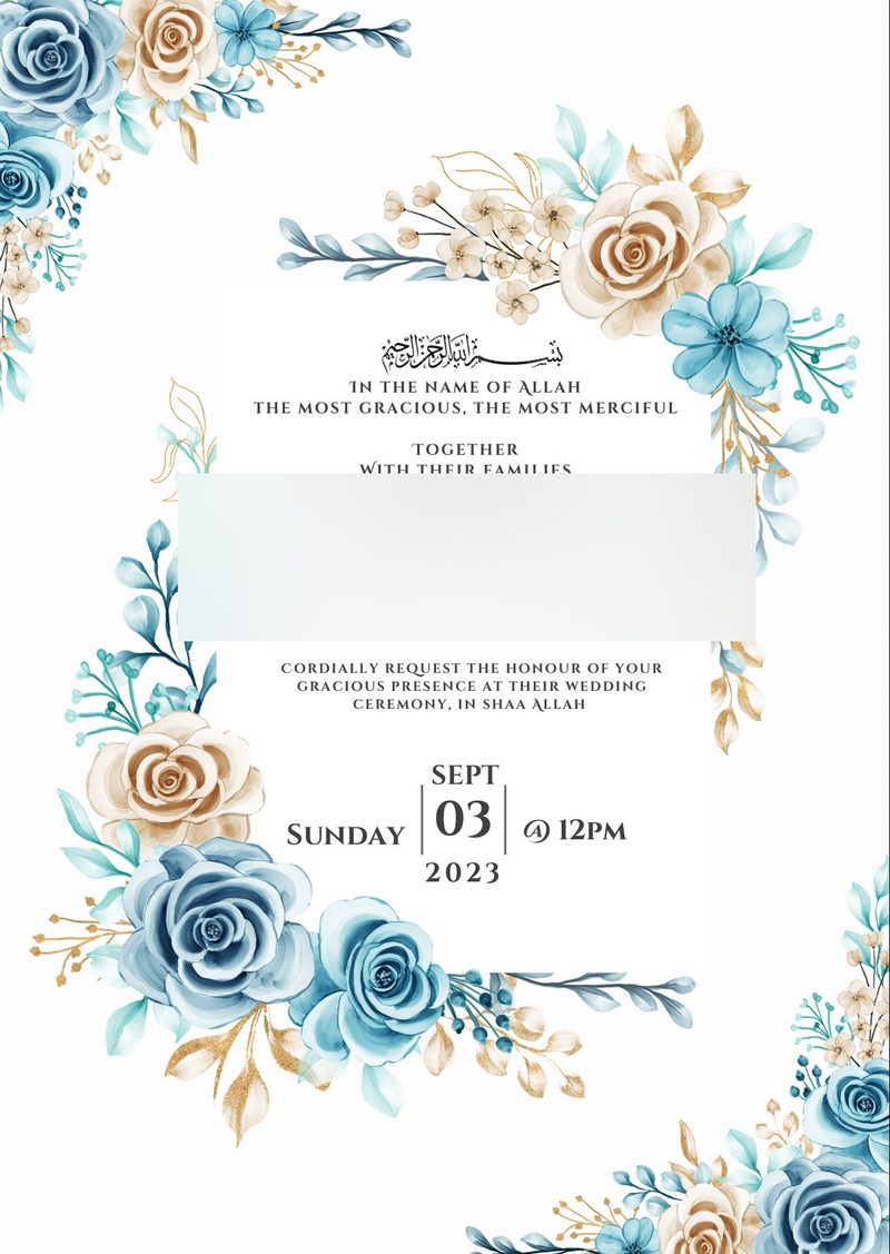 Wedding invitation with blue and gold roses