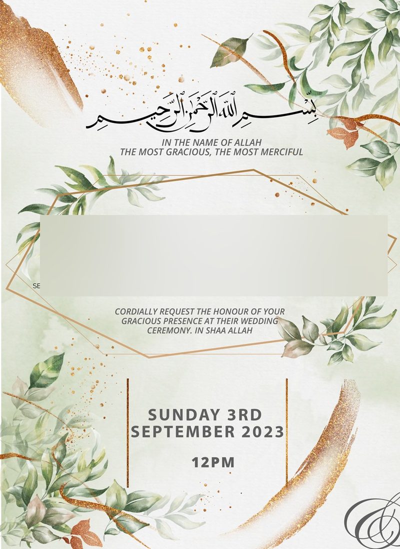 Wedding invitation with copper geometric frame and eucalyptus