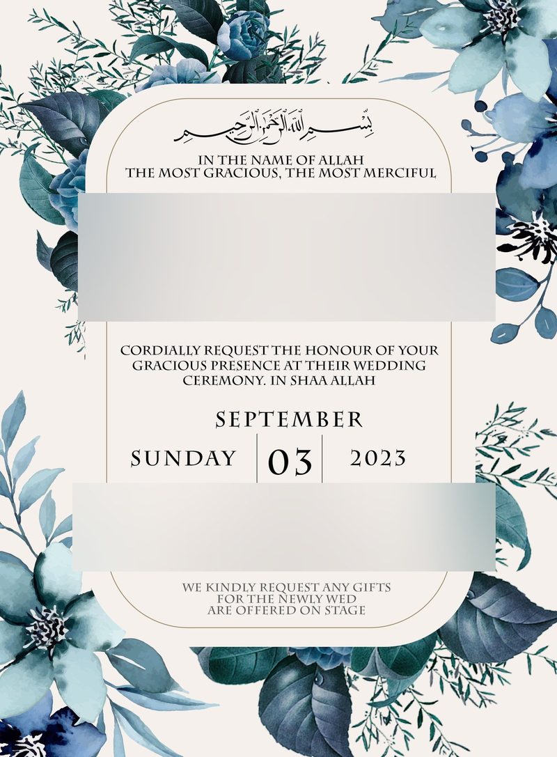 Wedding invitation with deep blue florals on ivory