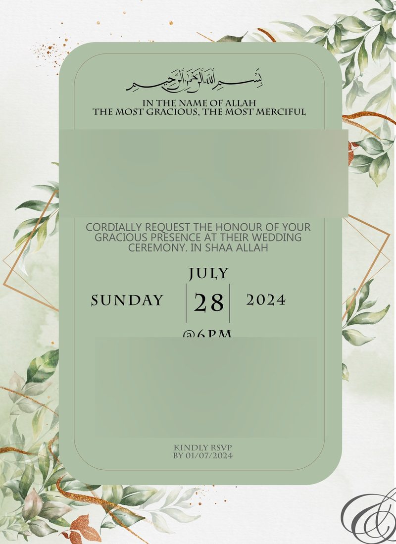Wedding invitation with sage green panel and watercolour foliage